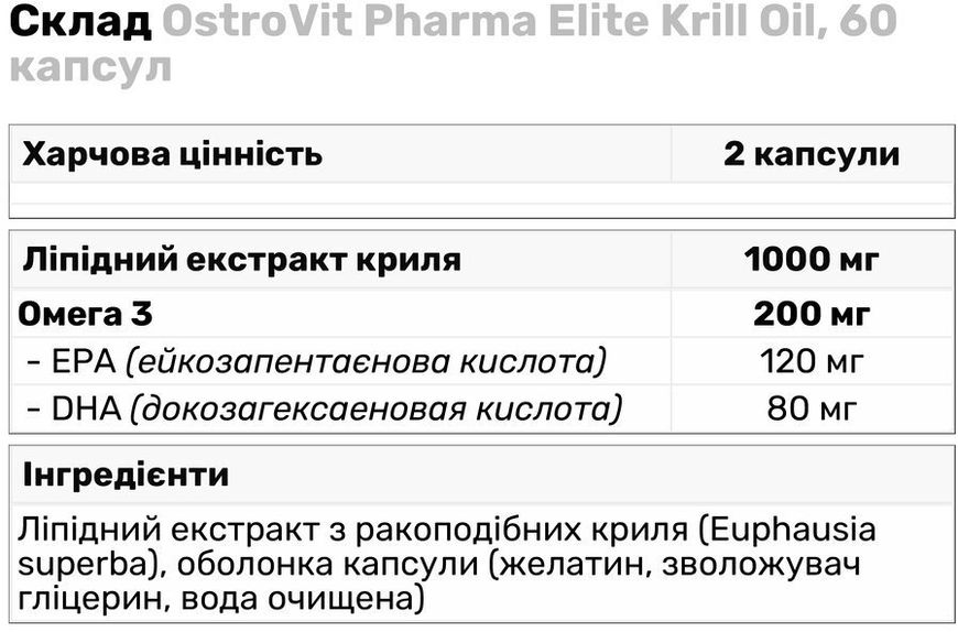 OstroVit Pharma Elite Krill Oil 60 капсул (Островіт Масло криля Омега 3) 970192 фото